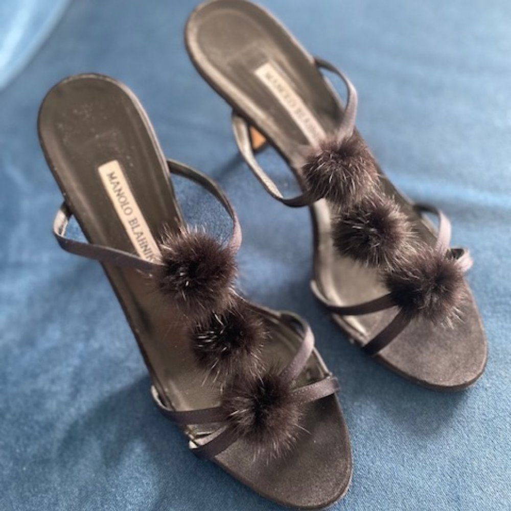 Manolo Blahnik Sandals Black Satin Fur -Size 39.5/US 8.5